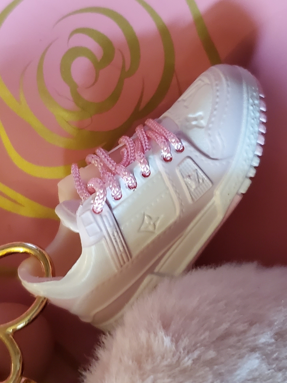 Lux Plush Flower Character Bagcharm, Keychain with Pink Sneaker Charm,  Strap